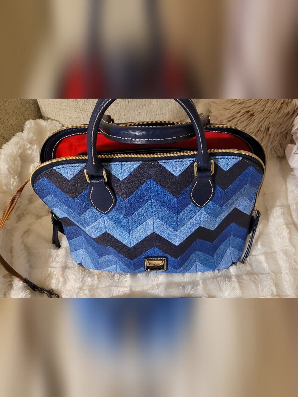Dooney & Bourke Navy and Denim Chevron Satchel EUC - Picture 3 of 16